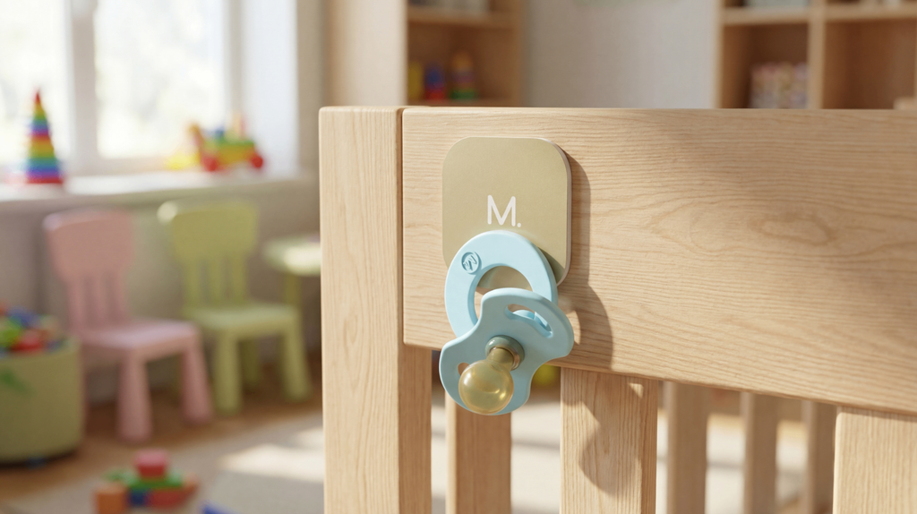 Magnetot pastel blue magnetic pacifier on a crib rail