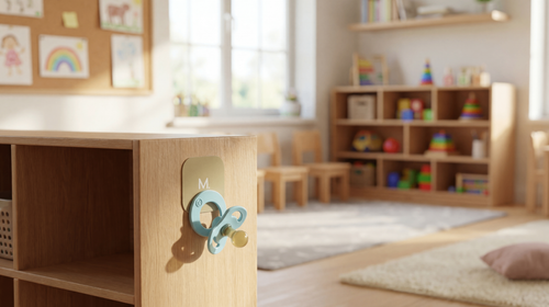 Magnetot pastel blue pacifier mounted on a wooden shelf in a playroom