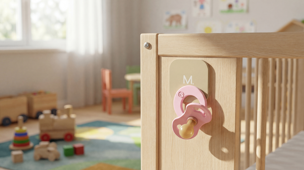 Magnetot pastel pink pacifier mounted on a crib rail
