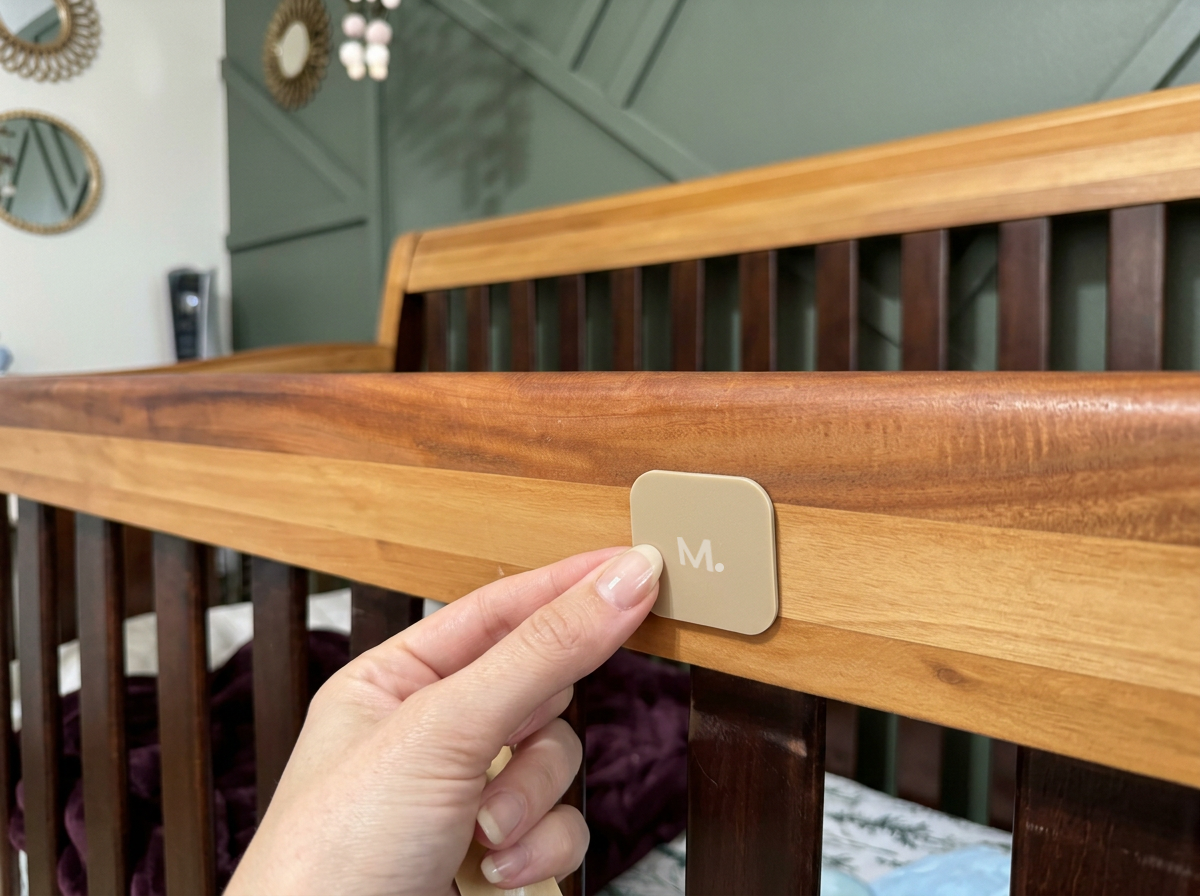 A hand placing the tan Magnetot magnetic tile onto a wooden crib rail